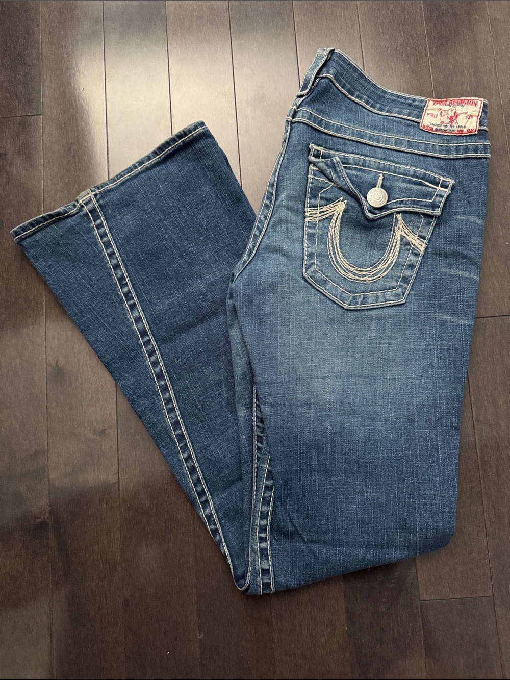 True Religion Women's Medium Blue Bootcut Jeans with Contrast Stitching
